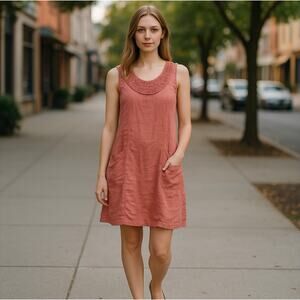 Made in Italy 100% Linen 3D Floral Tank Dress Medium Beachy Coastal Nautical